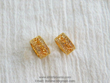CZ Micro Pave Tube Bead 6 mm x 10 mm Bead  Gold Plated - A Girls Gems